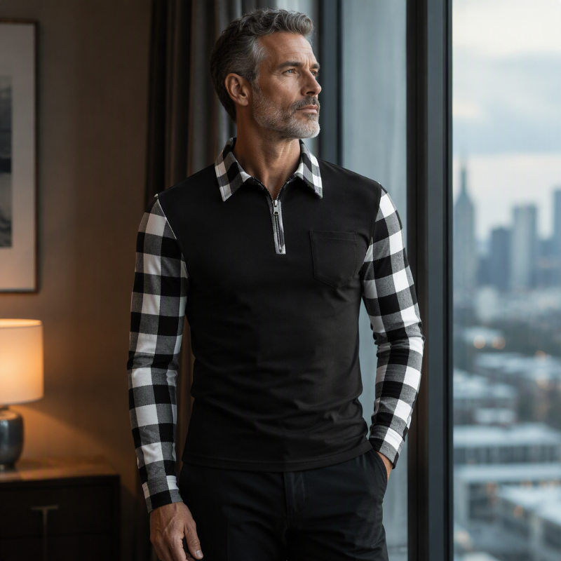 Men's long-sleeve casual half-zip shirt